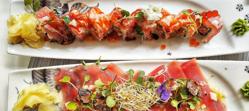 sushi rolls on plates