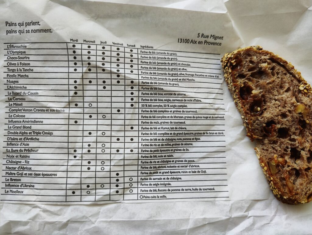A slice of bread lying on top of a bread bag containing with the bakery's schedule