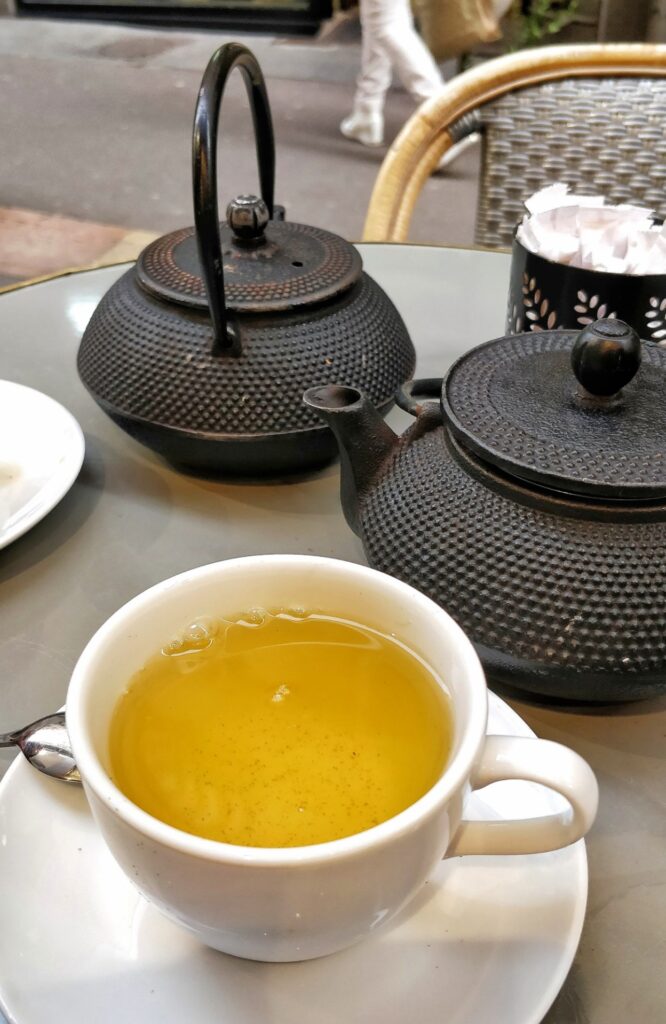 Tea in a white cup and two black cast iron tea pots on a table.